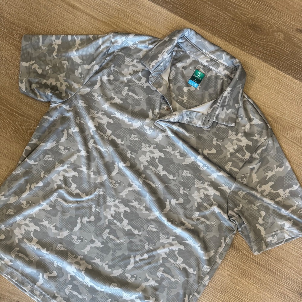 Pro Tour Golf Polo Mens Large Gray Camo Coolplay Performance Short‎ Sleeve Shirt